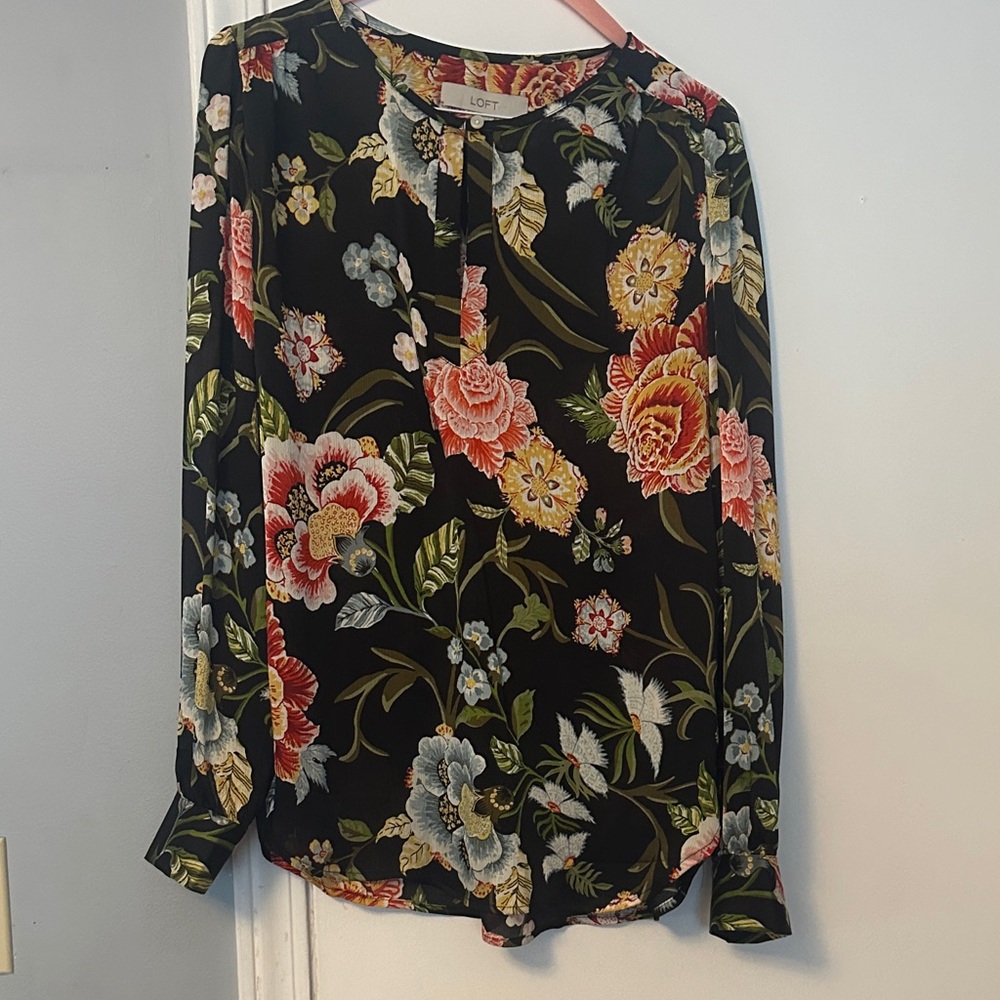 LOFT Black Floral Blouse with Multicolor Blooms. Size XS.